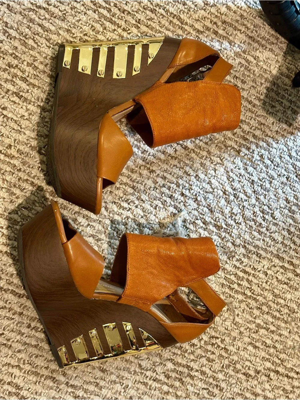 Gianni Bini Cognac Leather Platform Wedge Sandals with Gold Accent